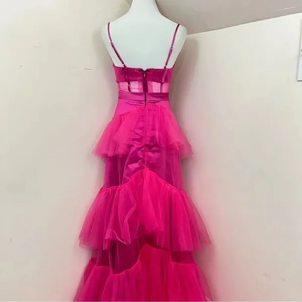 Fuchsia Pink Tulle Evening/ Prom Gown Corset Style Sheer S - Image 7