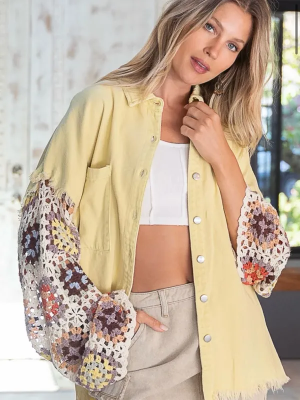 New. Lemonade Twill Shacket w/ Crochet Sleeves - Image 2