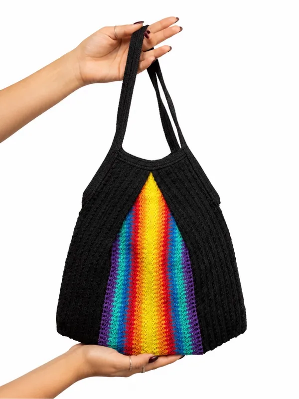 Vintage Rainbow Colorful Woven Shoulder Bag Black Bohemian Pride Hobo Tote - Image 4