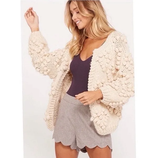 Chicwish Knit Your Love Ivory Heart Shape Pompoms Chunky Knit Cardigan Sweater S - Image 11