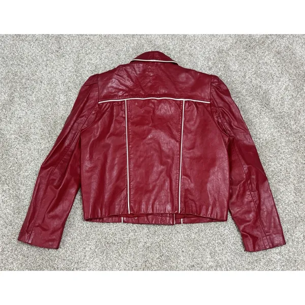 Vintage 80s Wilsons Red Genuine Leather Puff Sleeve Cropped Jacket Size 12 - Image 2