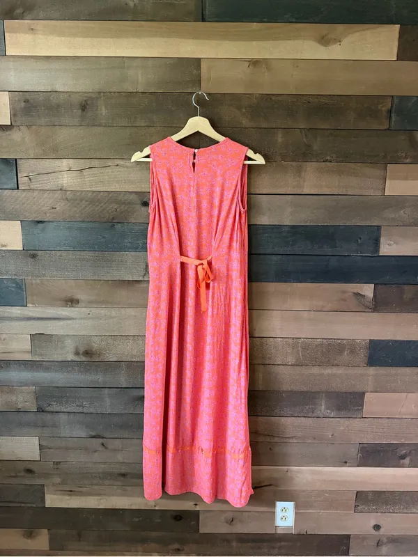 Vintage Floral Maxi Dress Coral Pink Sleeveless Tie Back Boho Medium - Image 9