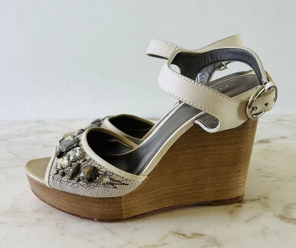 COACH Hanson Tan Gray Jeweled Rhinestone Platform Wedge Heel Sandals - US 8 - Image 5