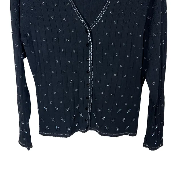 Claudia D Womens Black Beaded Ribbed Cardigan Top Vintage L - Image 3