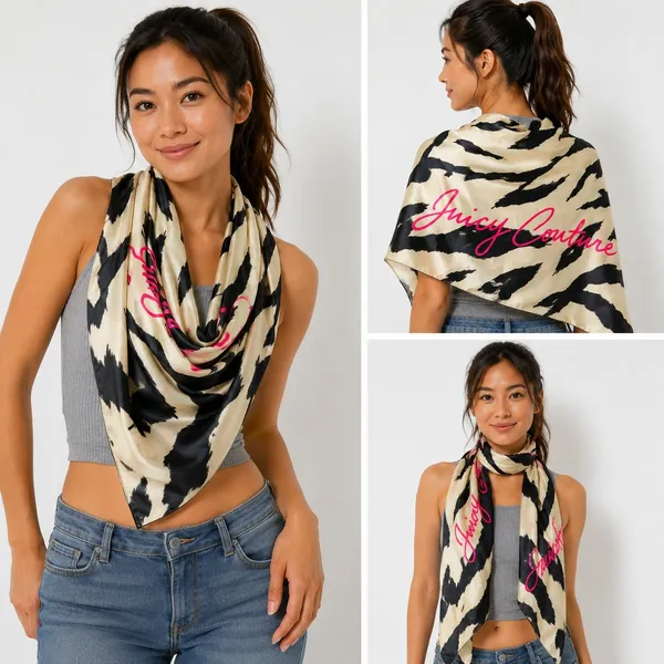 NWT Juicy Couture Los Angeles Satin Scarf Tiger Cheetah Print Pink Logo One Size - Image 2