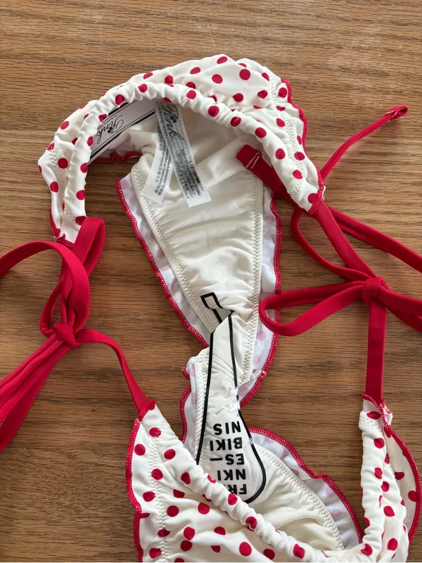 Frankie's Bikinis Red Two-Piece Bikini Set with White Polka Dot Bottom - Image 2