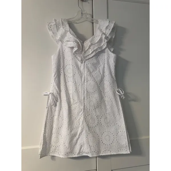 Lilly Pulitzer Emiline Eyelet Romper White Ruffle V-Neck Cotton Dress Size 8 - Image 3