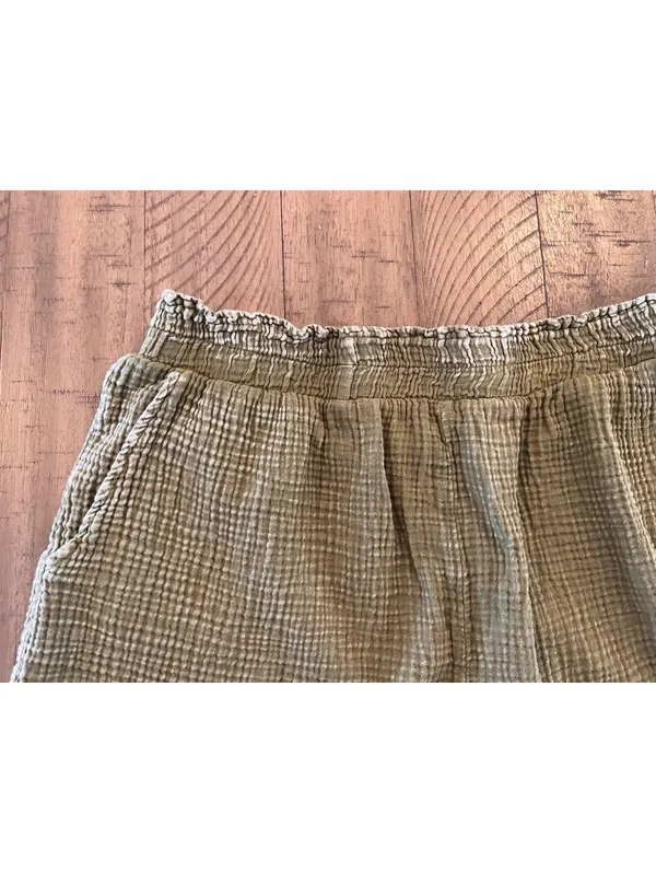 Earthbound Olive Green Double Gauze Boho Loungewear Shorts with Pockets L - Image 3