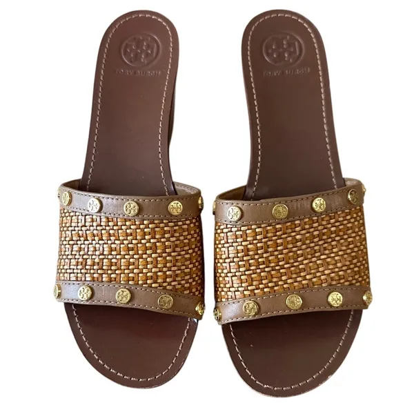 Tory Burch Joanie Straw Wedge Slides Tan‎ Studded 9.5 Boho - Image 2