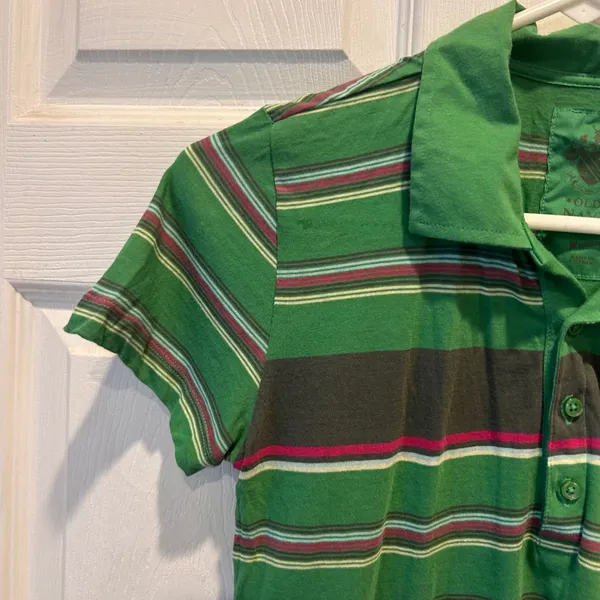 NWT Old Navy Perfect Fit Polo Shirt Green Striped Short Sleeve Cotton‎ Womens M - Image 2