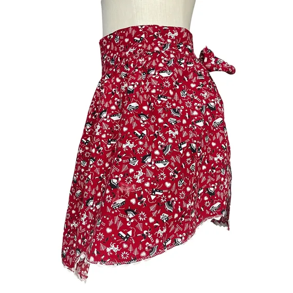 Vintage Half Apron Folk Art Print‎ Hostess Bow Ric-Rac Trim Cottagecore Handmade - Image 4