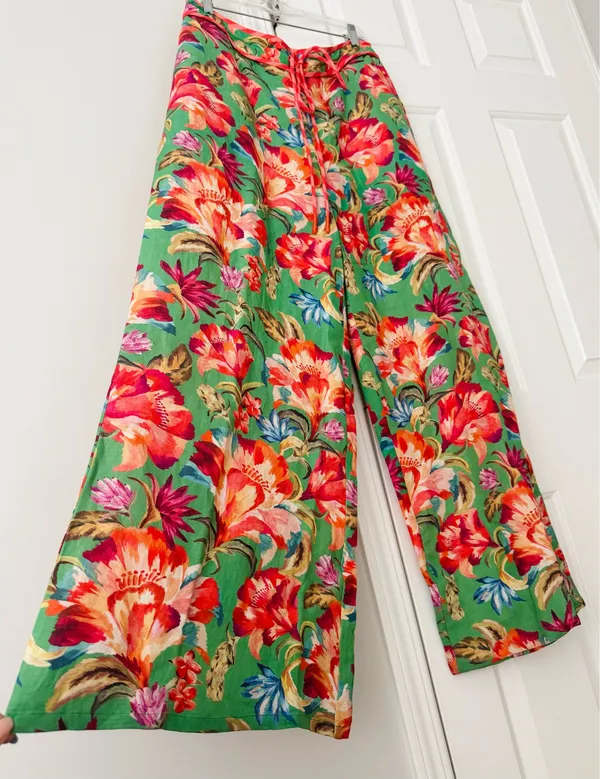 Farm Rio Tie-Front Linen Blend Floral Wide-Leg Pants, Size S - Image 8