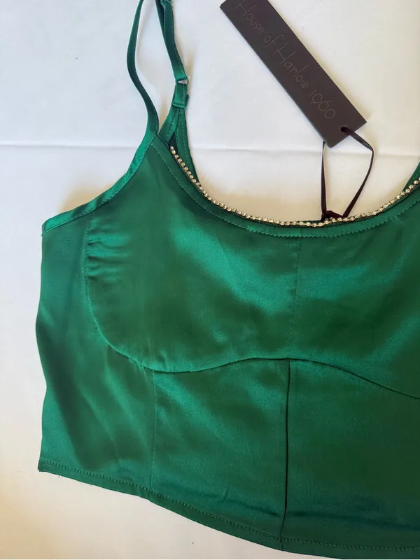House of Harlow 1960 Emerald Green Satin Rhinestone Trim Crop Top Size Medium - Image 4