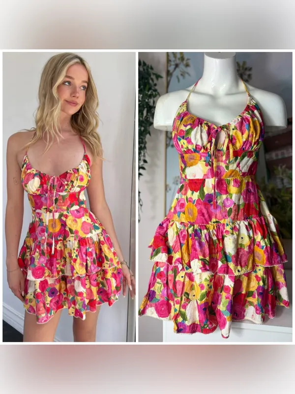 Luxxel Pink Yellow Floral Tiered Ruffle Romper Open Back Lace Up Size Medium - Image 2