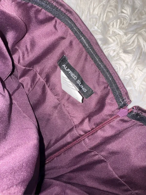 NEW Alfred Sung Off the Shoulder Puff Sleeve deep plum Satin Gown Sz 16 - Image 6