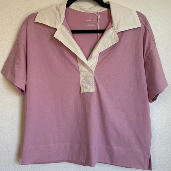 NWT Everlane The Oversized Rugby Polo Shirt Pink Purple‎ Organic Cotton XS - Image 2