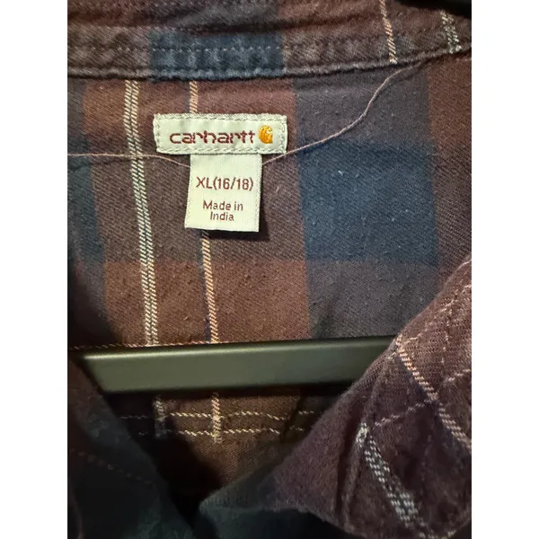 Carhartt Flannel Shirt Womens XL Maroon Navy Blue Plaid Button Down Long Sleeve - Image 4