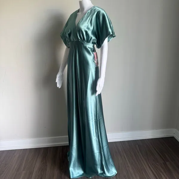 Birdy Grey Jesse Dress Sea Glass Green Satin Bridesmaid Slit Flutter Sleeve XS - Image 6