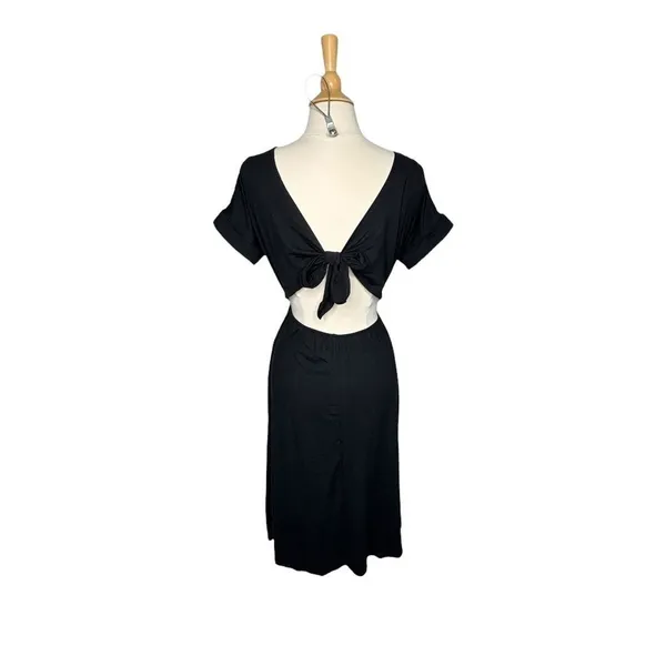 Entro Midi Dress Womens Small Black Open‎ Tie Back Short Sleeve Pockets 6164 - Image 5
