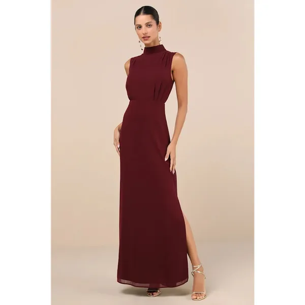 NWT Lulus Classic Elegance Plum Chiffon Sleeveless Mock Neck Maxi Dress Size S - Image 2