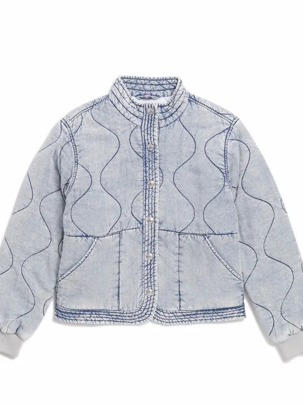 Kensie Jeans Quilted Denim Bomber Jacket Light Acid Wash Chambray Size M - Image 3