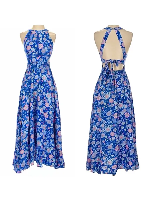 Abel the Label Bluebell Floral Halter Tie Back Full Skirt Maxi Dress XSmall - Image 3