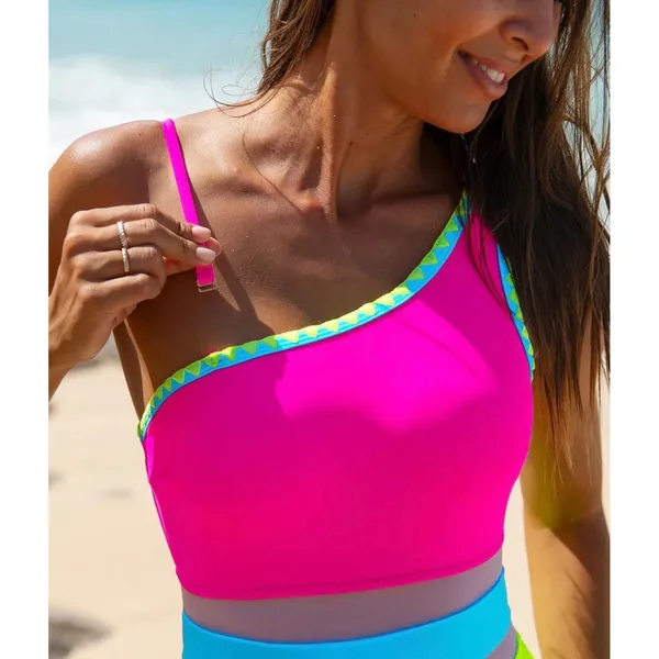 NWT Popvil One Shoulder Neon Mesh One Piece Swimsuit Colorblock Small - Image 3
