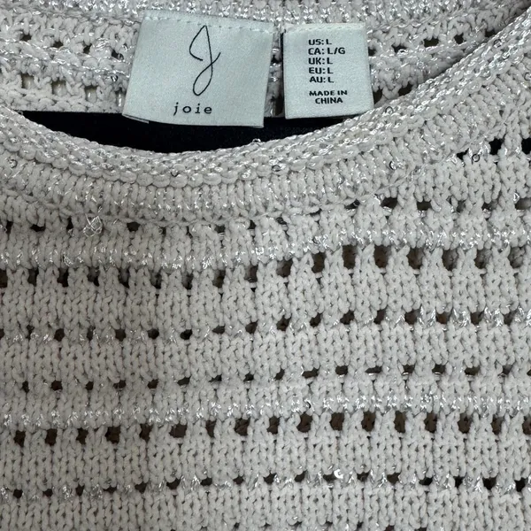 Joie Women's L Beige Knit Open‎ Weave Metallic Sparkle Short Sleeve Sweater Top - Image 4