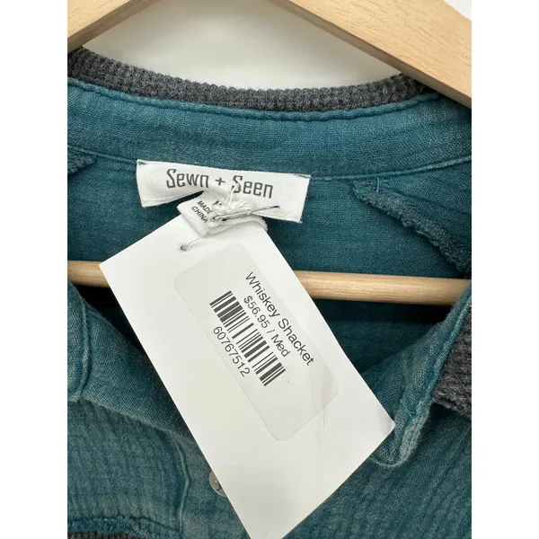 Sewn + Seen Whiskey Shacket Teal Blue‎ Cotton Gauze Mixed Media Waffle Knit Sz M - Image 7