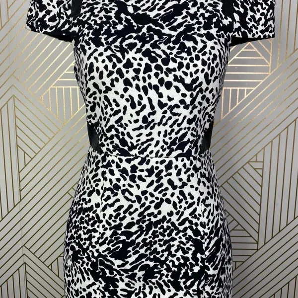 Tibi Animal Print Leather Panel Dress Black Cream Size‎ US 2 - Image 6
