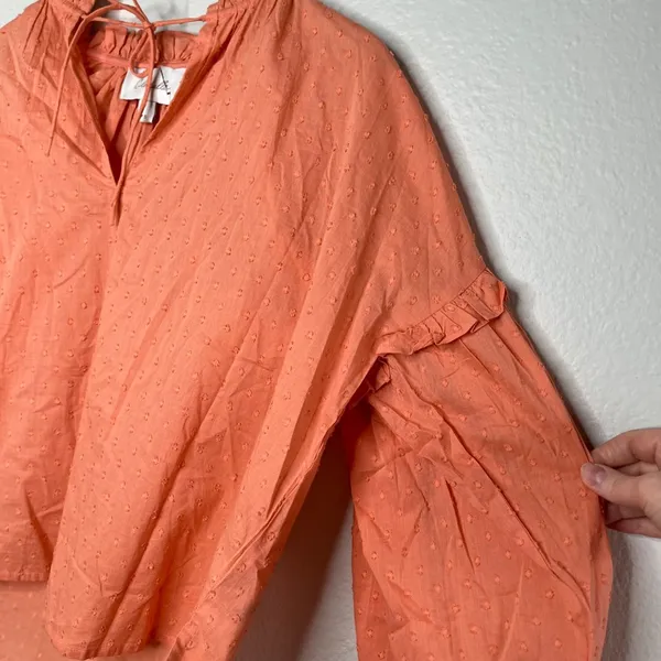 Cleobella Organic Cotton Orange Textured Long Sleeve Tie Neck Tunic Blouse S - Image 5