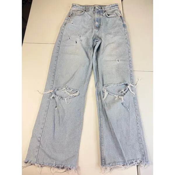 Zara High Waisted Wide Leg Distressed Jeans Light Wash‎ Blue Size 4 Distressed - Image 2