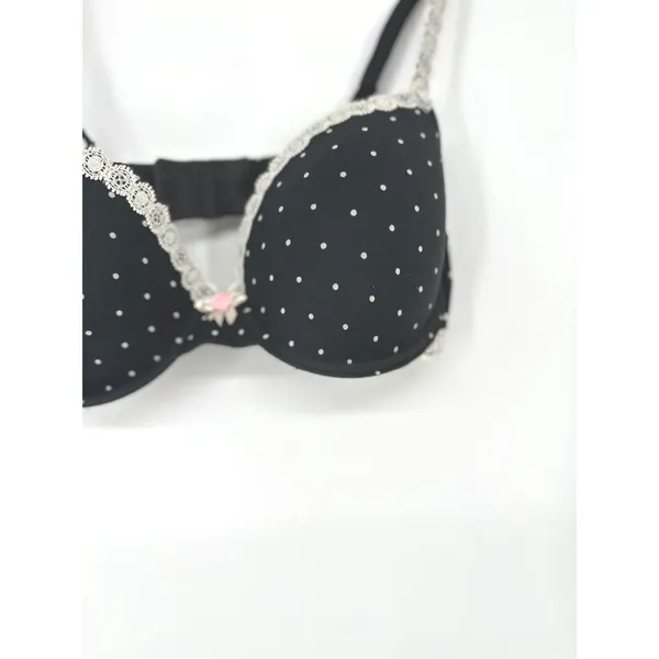 Victoria Secret Lined Demi Bra 36C Black Polka Dot Lace Bow Lingerie Pinup Retro - Image 2
