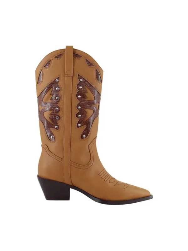 NWT Madden Girl Faux Leather Stud Pointed Toe Western Boots Natural Brown 8M - Image 6