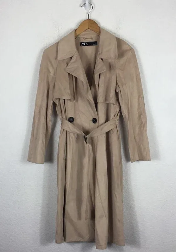 Zara Tan Trench Coat XS Faux Suede Double Breasted Belted Classic Mid Length - Image 3