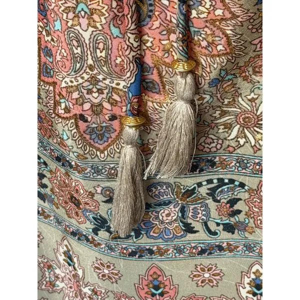 Paani Mini Dress Women Small‎ Tan Gold Metallic NWT Boho Floral Tassel Festival - Image 10