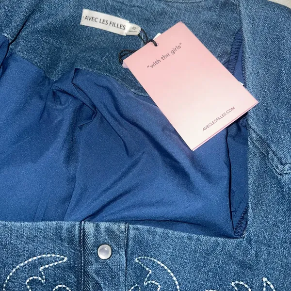 Avec Les Filles Western Embroidery Long Sleeve Straight Neck Denim Mini Dress - Image 13