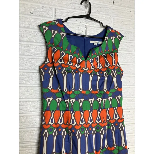 Boden‎ Sheath Dress Womens 6L Blue Green Orange Excellent Geometric Cotton WH664 - Image 3