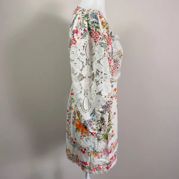 Farm Rio Tropical Floral Lace Mini Dress Puff Sleeve Square Neck Linen Small - Image 2
