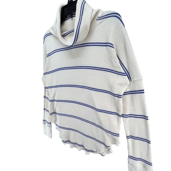 Babaton Waffle Knit Thermal Sweater Womens S Cream Blue Striped Quiet Luxury - Image 2