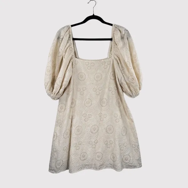 Jen's Pirate Booty Womens Dress Beige Mini Eyelet Puffed Babydoll A Line Small - Image 2