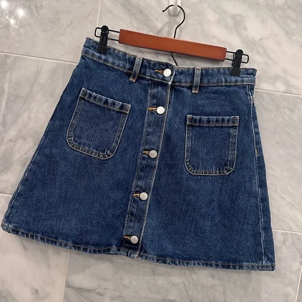 ASOS Monki denim button through mini skirt in mid-blue wash 38 /6 - Image 5