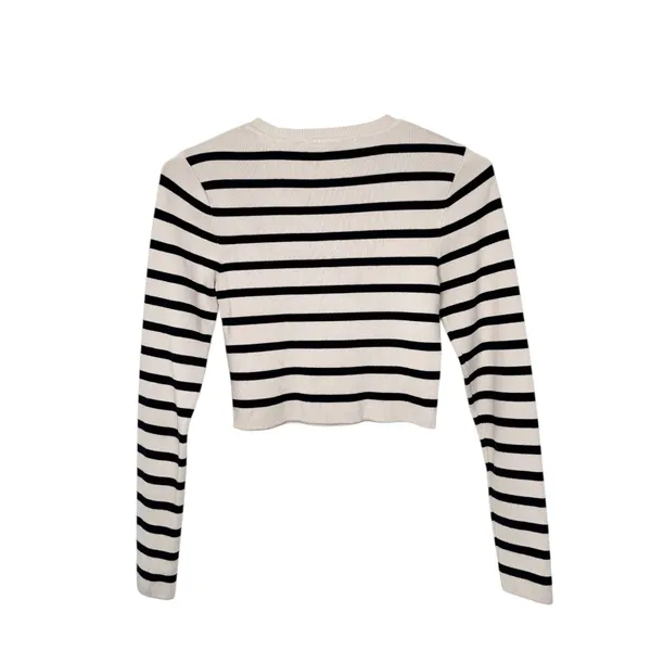 Zara Black And Ivory Striped Crop Knit Top Sz M - Image 2