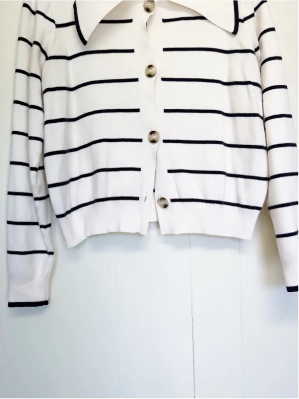 BY DESIGN Striped Button Collared Cardigan White Black Medium - Image 3