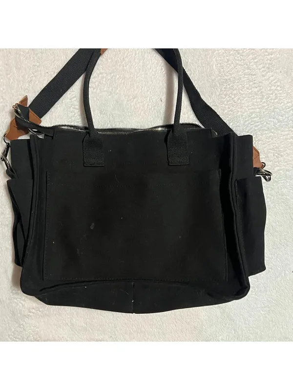 ZHMO Black Canvas Tote Bag with Brown Trim and Crossbody Strap - Image 4