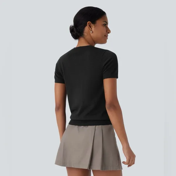 Halara Round Neck Short Sleeve Linen-Feel Sweater – Size Medium – NWT - Image 2