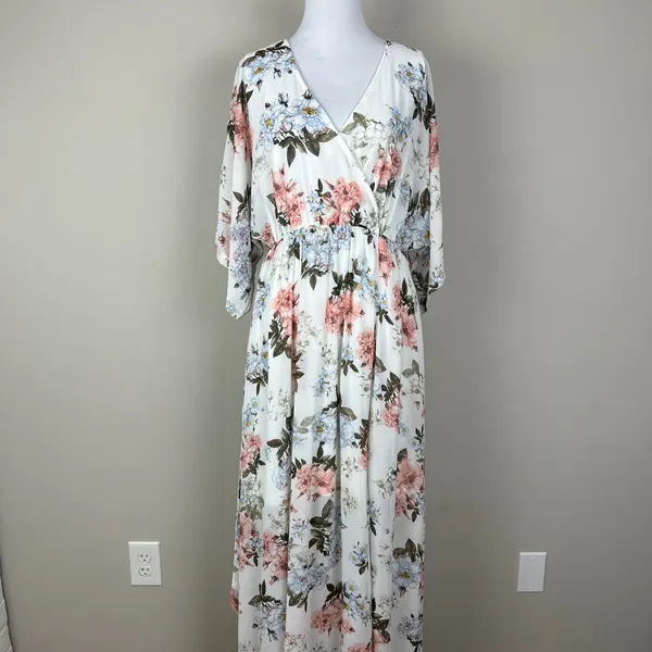 BALTIC BORN Maxi‎ Dress Womens Large White Floral Belted V-Neck Feminine Flowy L - Image 16