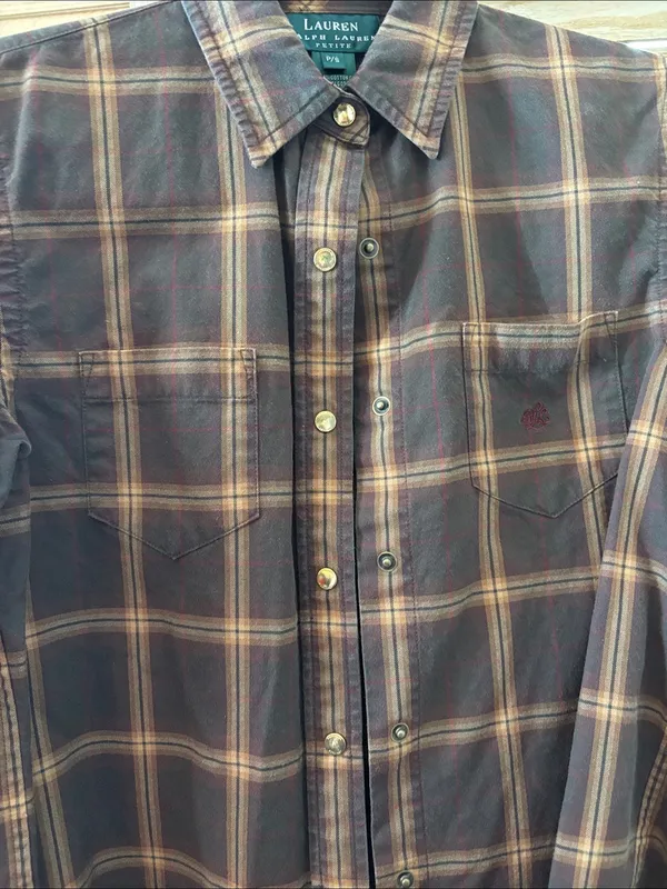 Lauren Ralph Lauren Brown Plaid Casual Snap Front Shirt Petite Small - Image 3