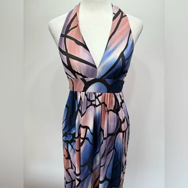 Hourglass Lilly Maxi Dress Black Halter Neckline Low Back Blue Purple Mauve S - Image 5