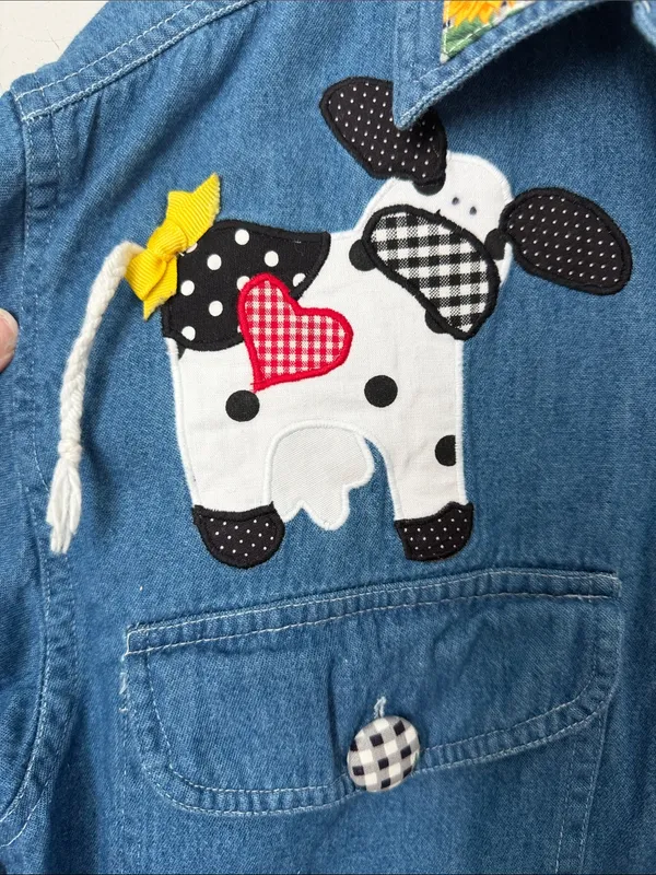 Vintage 90s Cow Appliqué Denim Shirt Sunflower Sz Med ^ - Image 3